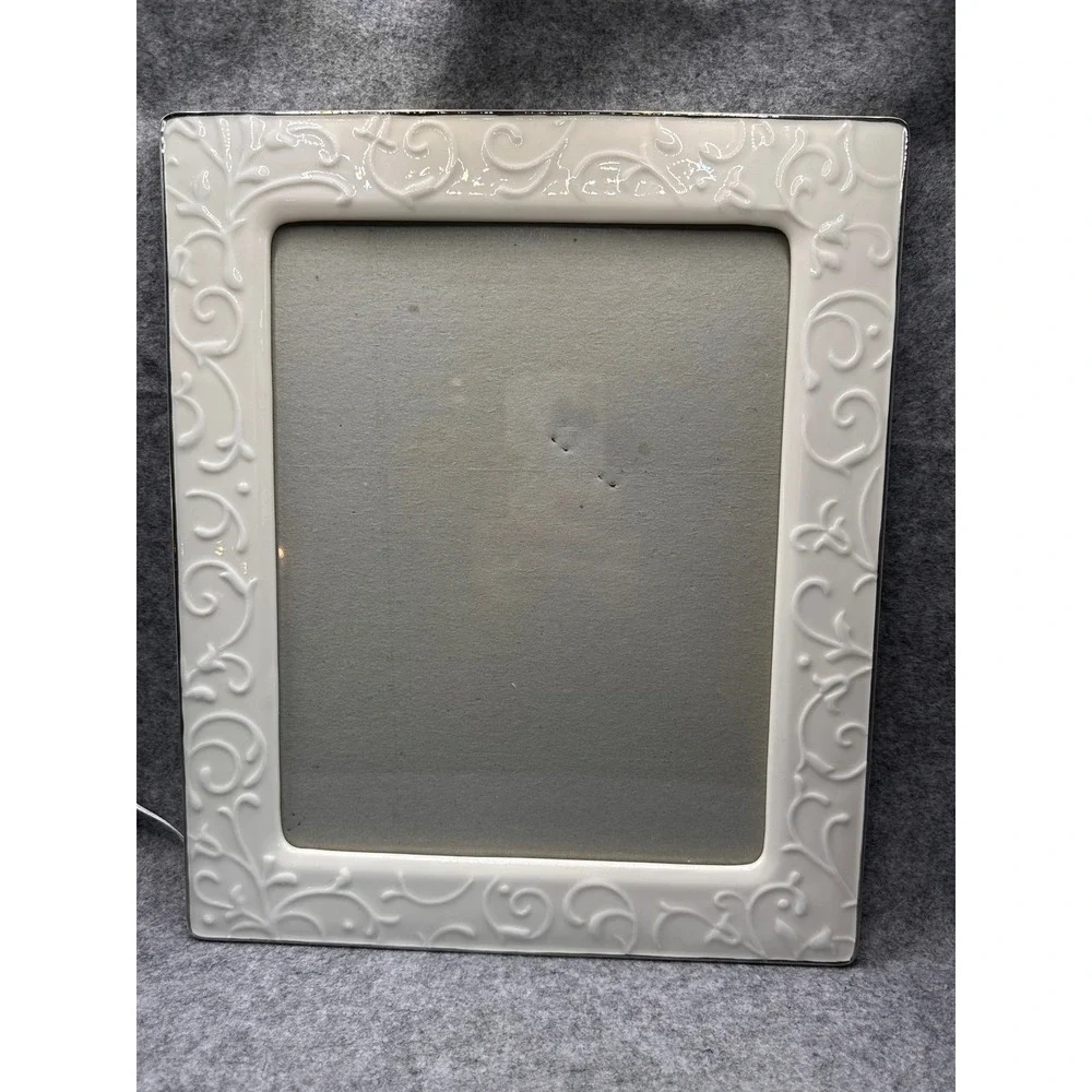 Russ Berrie White Ceramic Scroll Picture Frame Silver Trim 8x10 Tabletop Decor